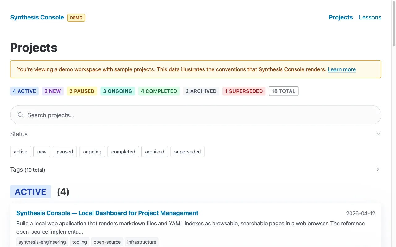 Synthesis Console dashboard showing projects grouped by status with search and filter controls