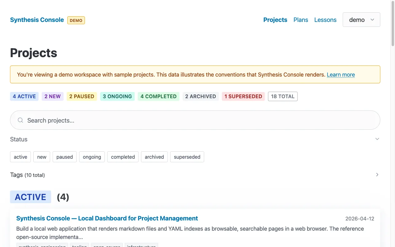 Synthesis Console in demo mode showing 18 sample projects across all seven status types, with the DEMO badge and yellow banner indicating sample data