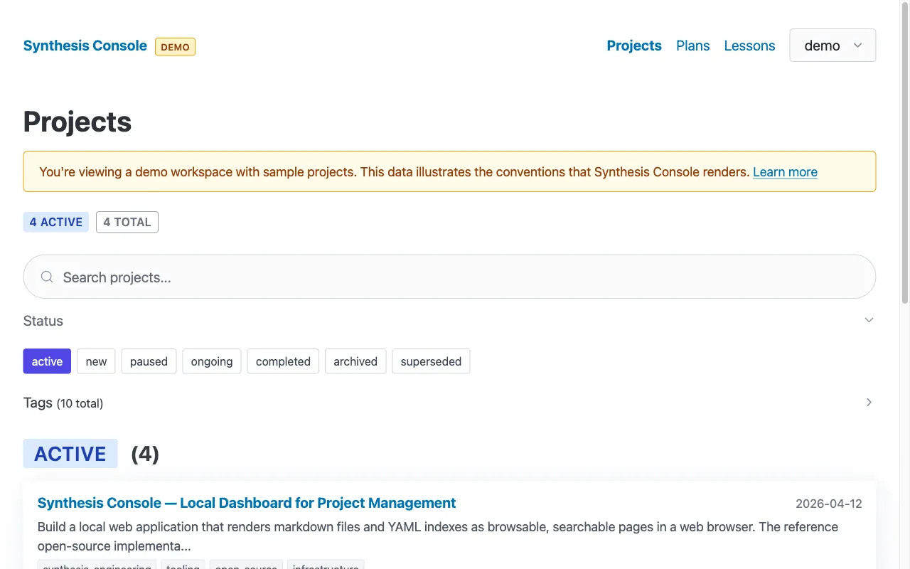 Filtering to active projects only — the demo is interactive, not just a static page