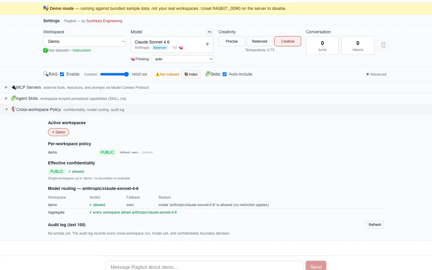 Ragbot's policy panel: active workspaces with per-workspace confidentiality tags, the model-routing verdict per workspace with the aggregate result, and the audit log surface that records every cross-workspace operation.