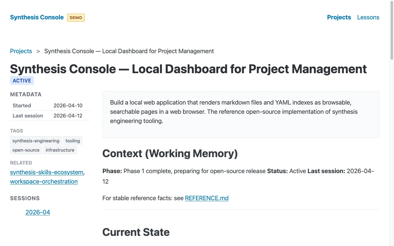 Project detail view showing metadata sidebar with rendered CONTEXT.md and REFERENCE.md
