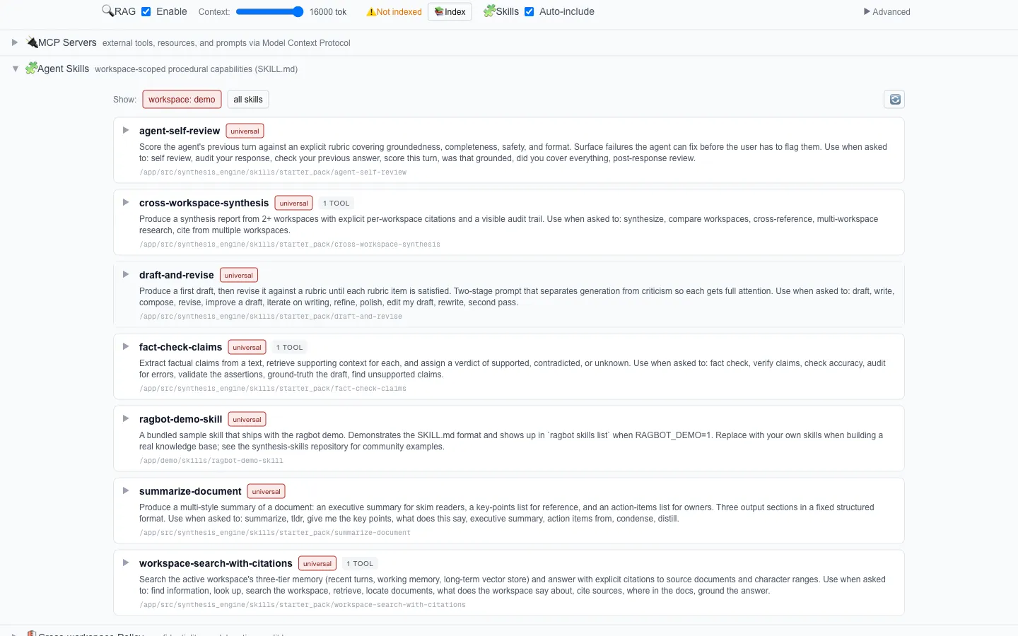 Ragbot's skills panel: six starter skills visible alongside a demo skill, with each card carrying its description. The same SKILL.md format that Claude Code and Codex CLI execute now runs on Ragbot without modification.